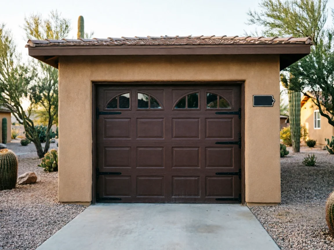 A brown garage door with decorative hardware is on a stucco garage.