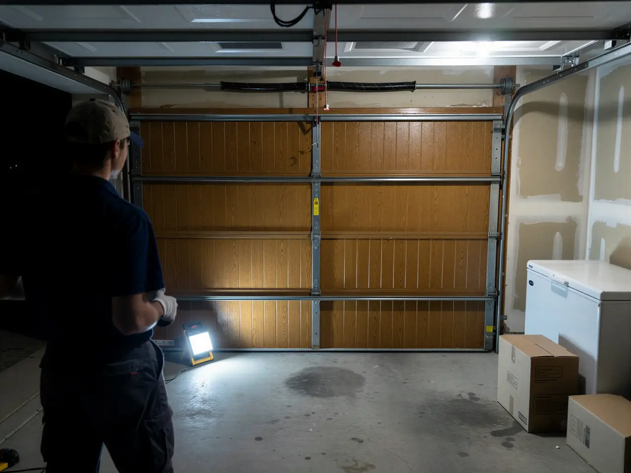 A technician stands in a garage looking at a brown garage door.