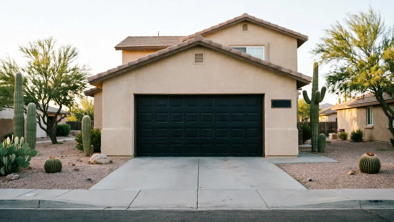 A two-story house with a black garage door and desert landscaping.