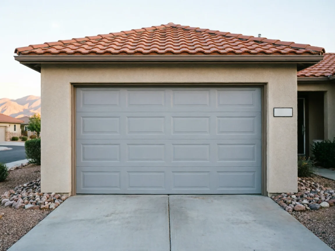 A light gray garage door is on a stucco house with a red tile roof.